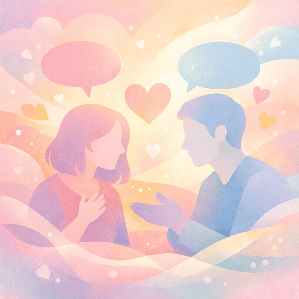 Illustration of a man and woman talking with hearts and speech bubbles around them